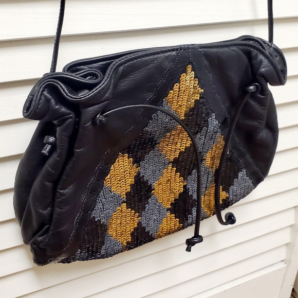 New Carlos Falchi Black Leather w/ Gold Silver Sequins Crossbody Evening Bag - Picture 3 of 8